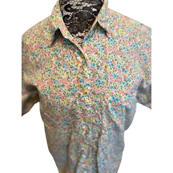 Vintage 90s Shirt Button Up Collar Short Sleeve Floral Yellow Pink Blue Cotton M - Picture 13 of 16